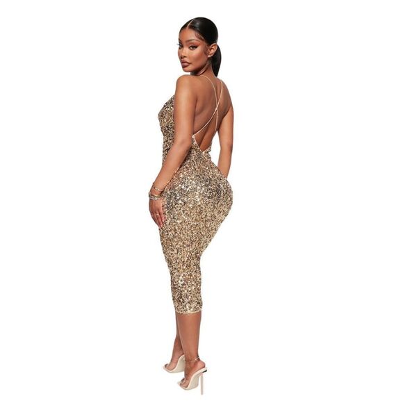 Fashion nova You Wish Sequin Midi Dress - Gold NWT - Picture 2 of 8